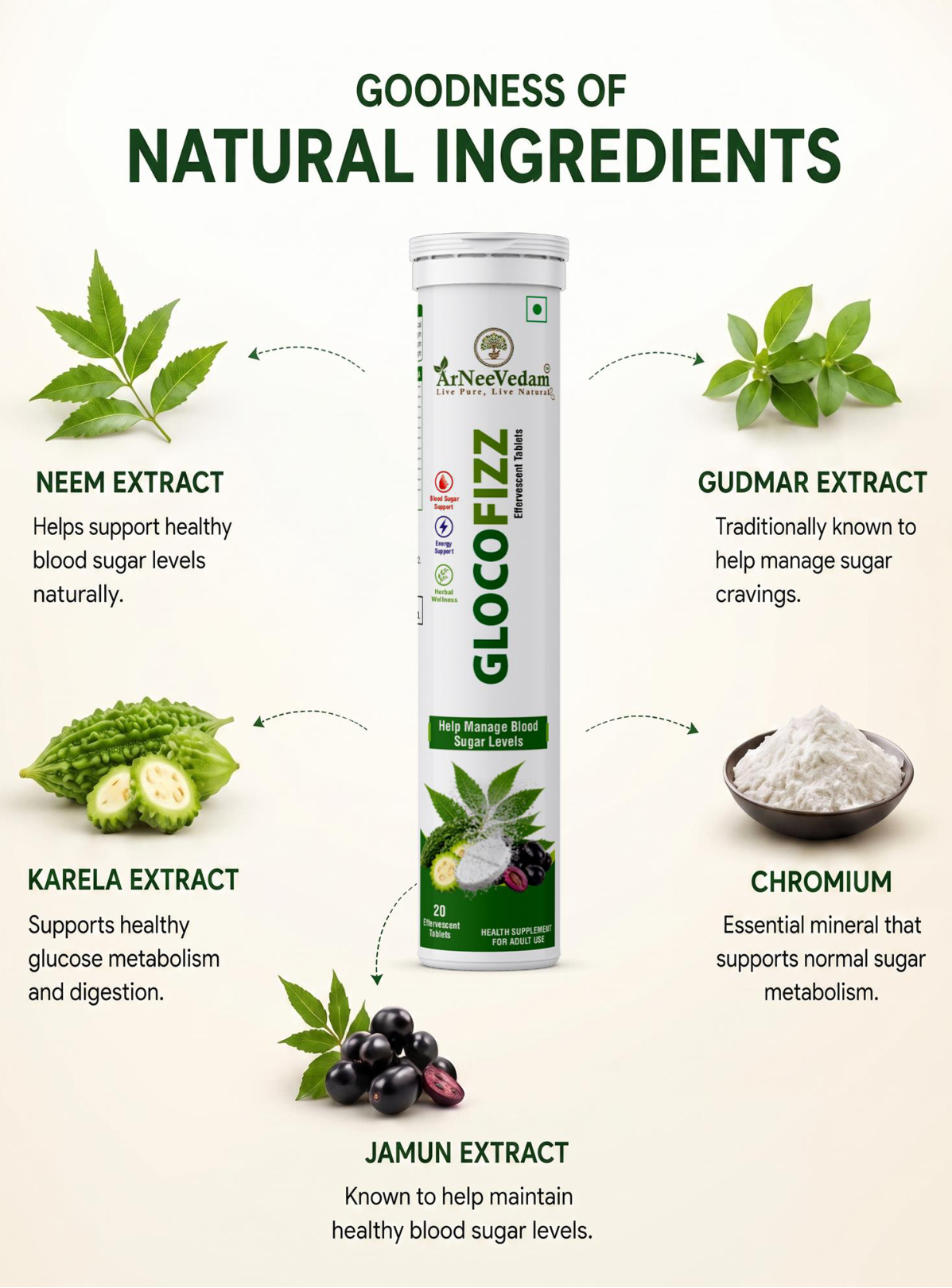 An infographic titled 'GOODNESS OF NATURAL INGREDIENTS' featuring a tube of Glocpizz dietary supplement. The central product tube is flanked by illustrations and descriptions of its natural ingredients: Neem Extract, Gudomar Extract, Karela Extract, Chromium, and Jamun Extract, set against a light beige background.