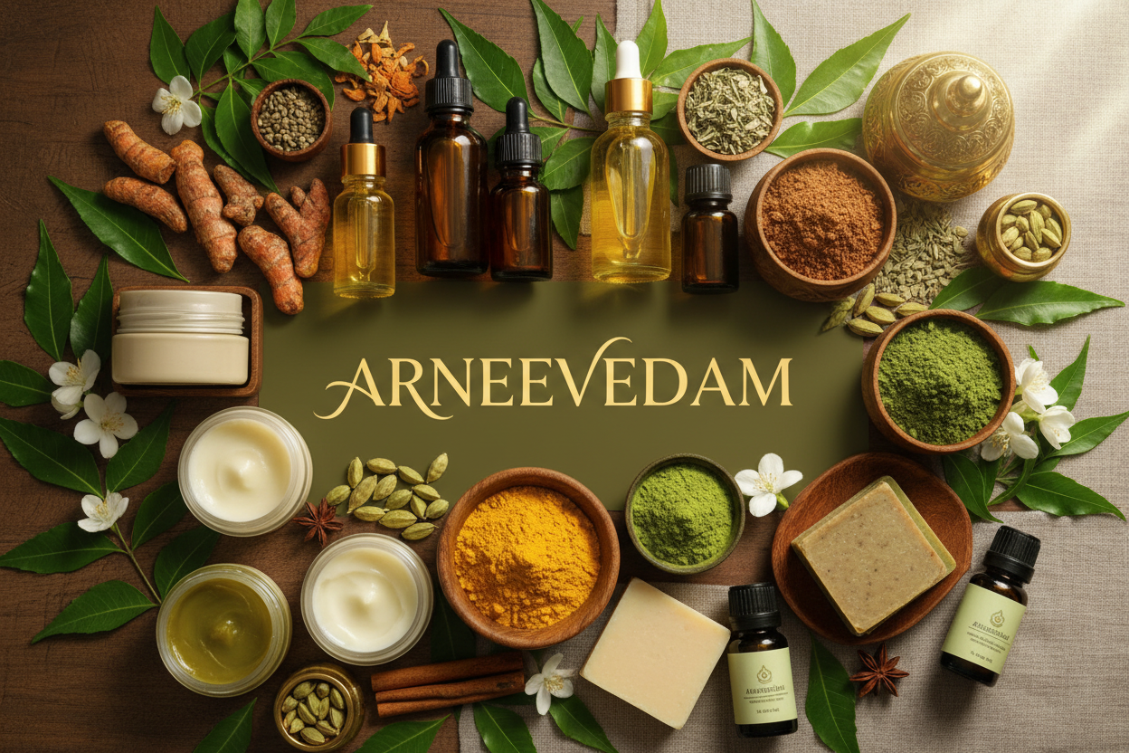 Create a banner image for ayurvedic products website with name Arneevedam with multiple product collage